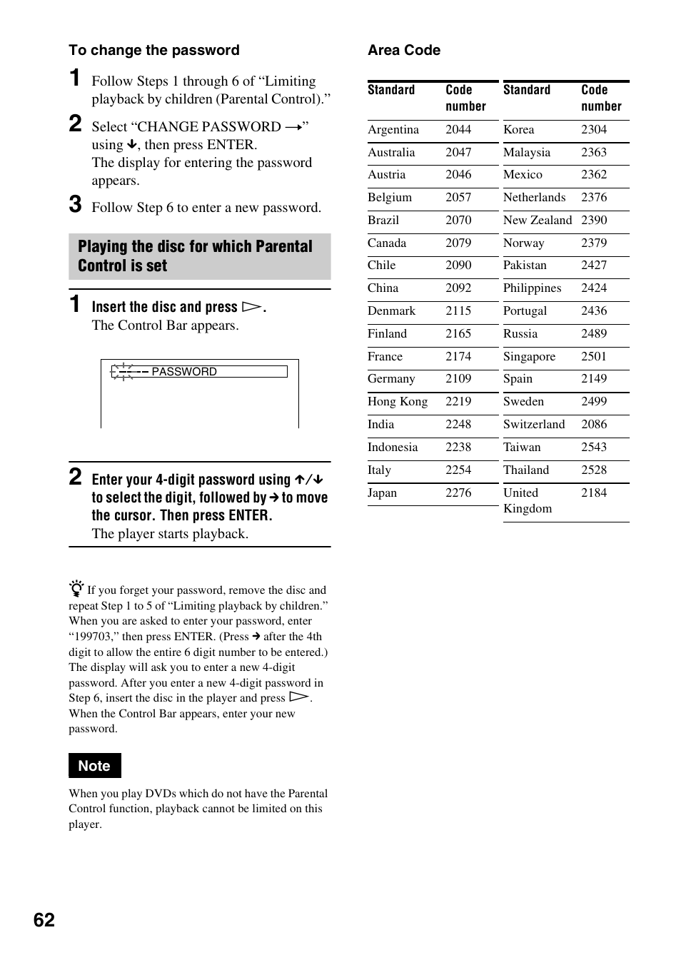 Playing the disc for which parental control is set | Sony DVP-F21 User Manual | Page 62 / 84