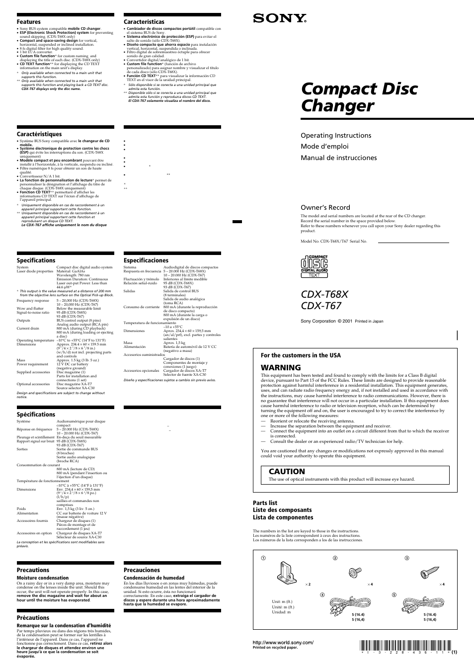 Compact disc changer, Cdx-t68x cdx-t67, Warning | Caution, Owner’s record, Features, Características, Specifications, For the customers in the usa, Caractéristiques | Sony CDX-T68X User Manual | Page 2 / 3