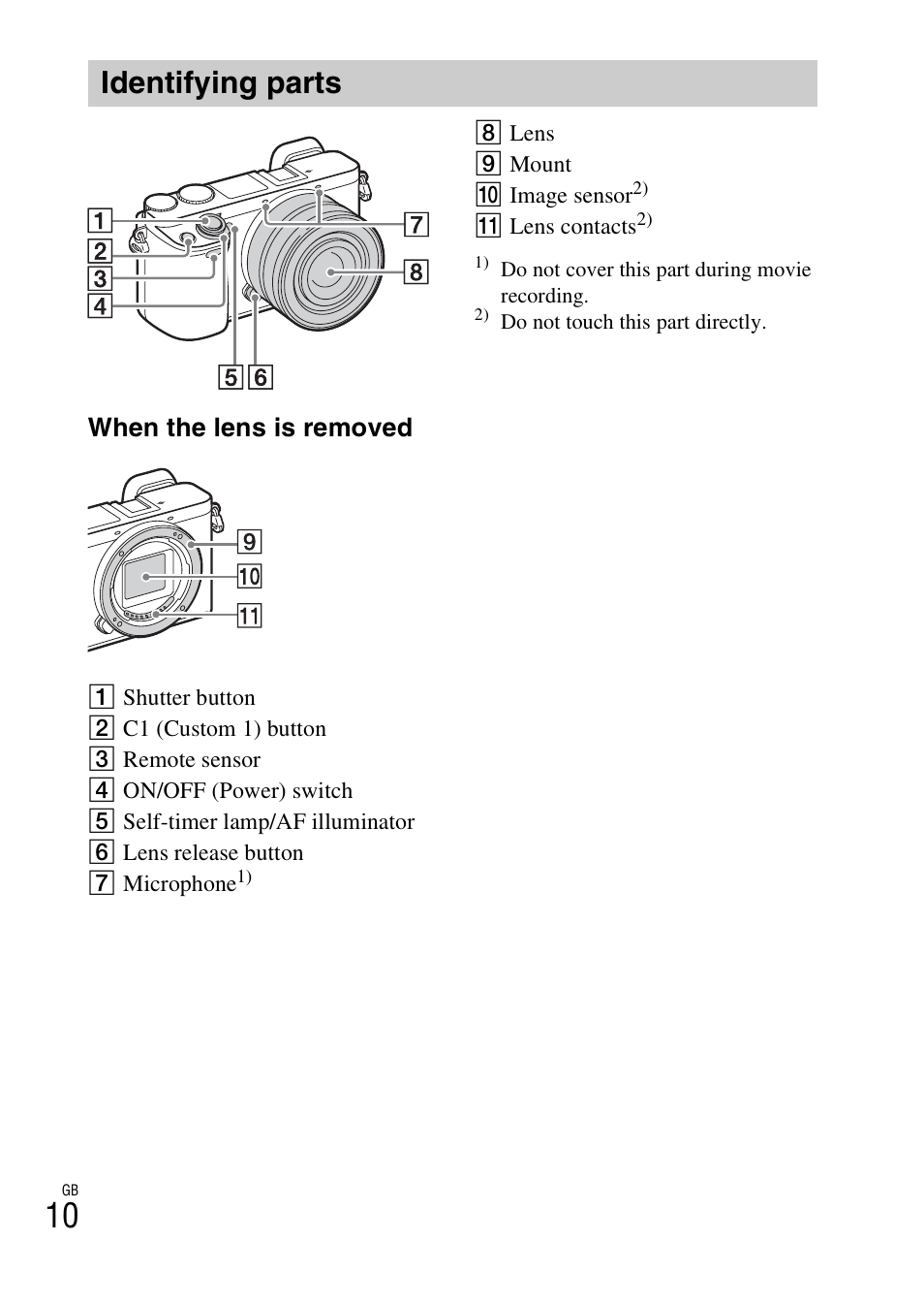 Identifying parts, When the lens is removed | Sony ILCE-6000L User Manual | Page 10 / 48