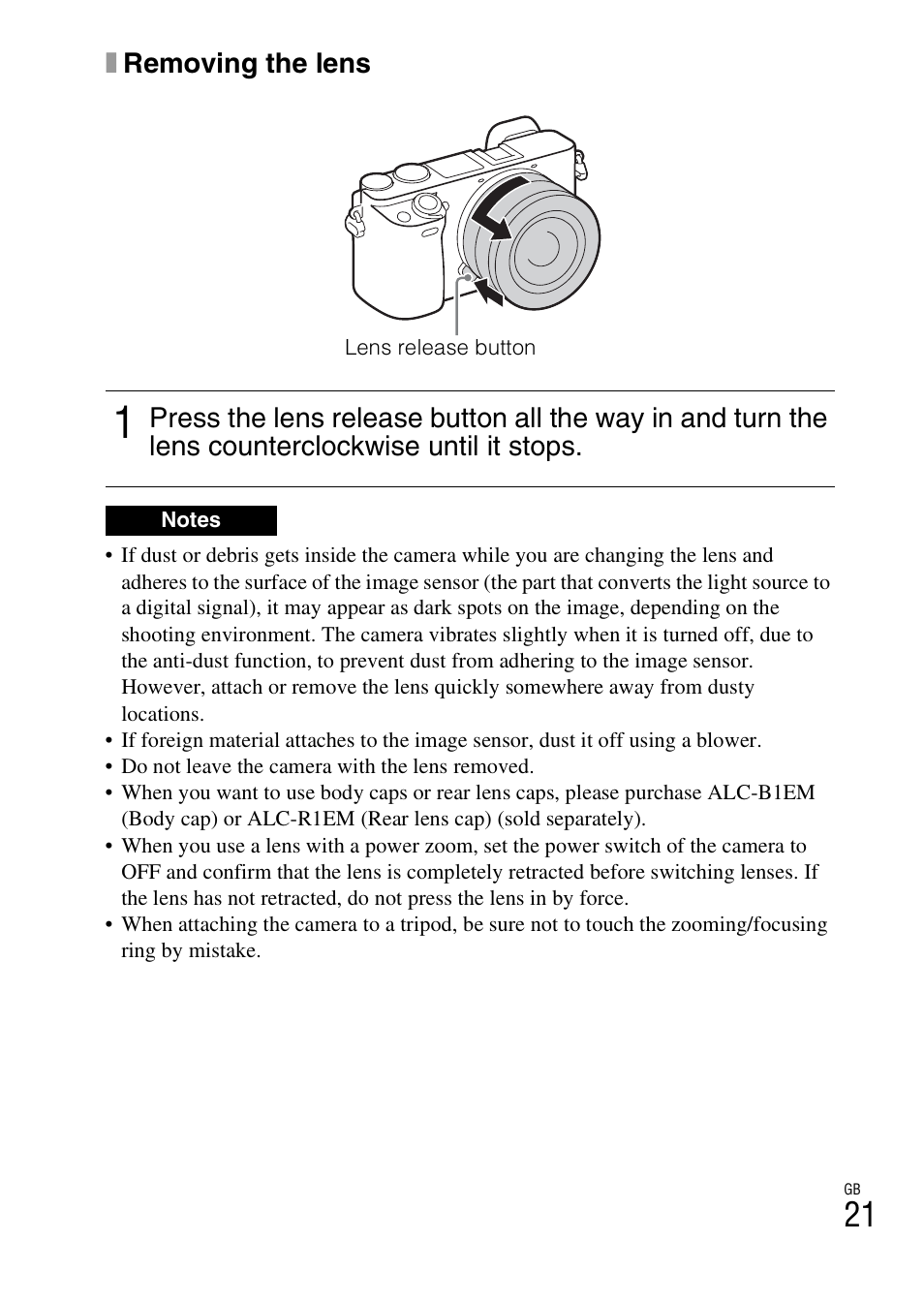 Xremoving the lens | Sony ILCE-6000L User Manual | Page 21 / 48