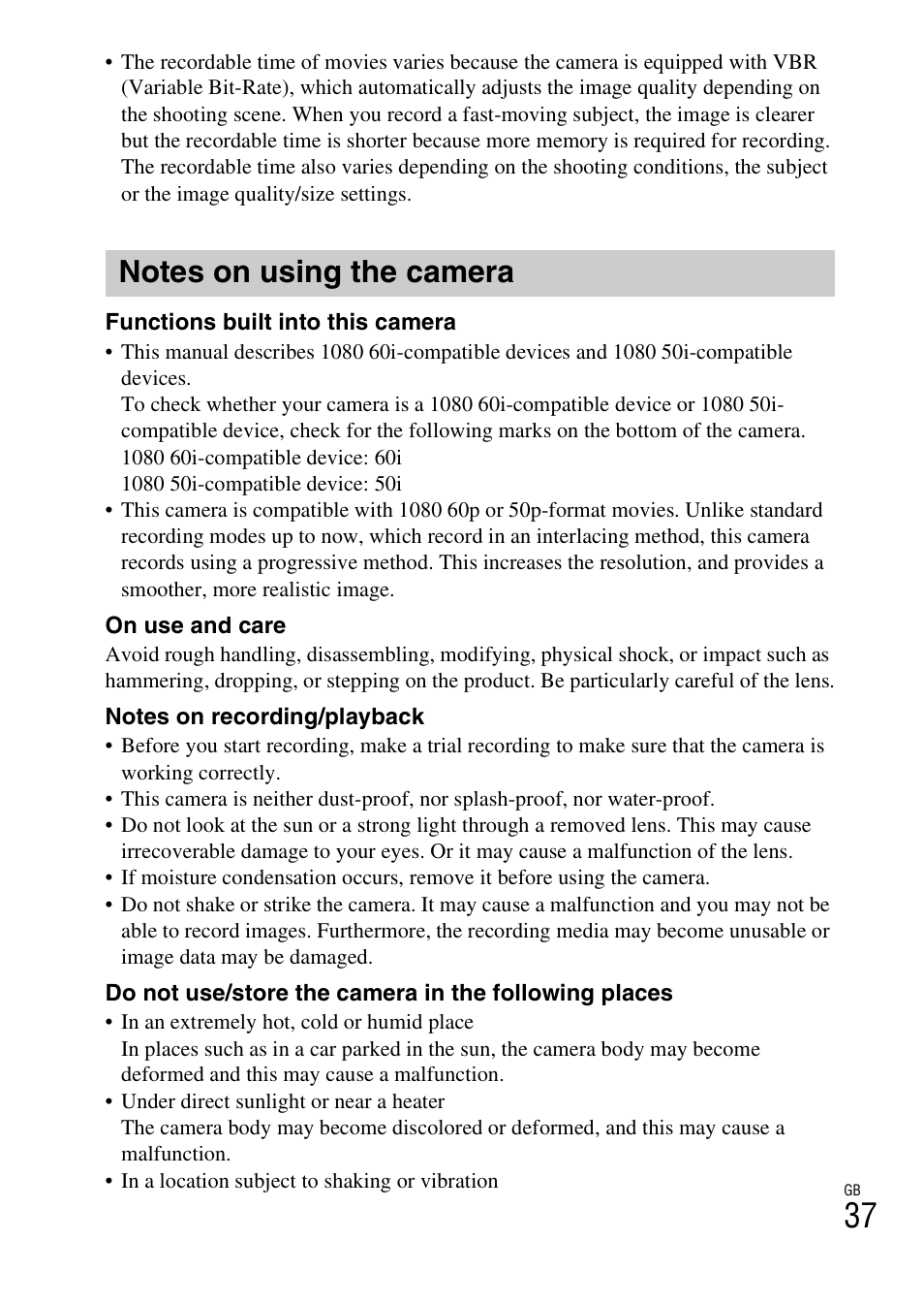 Notes on using the camera | Sony ILCE-6000L User Manual | Page 37 / 48