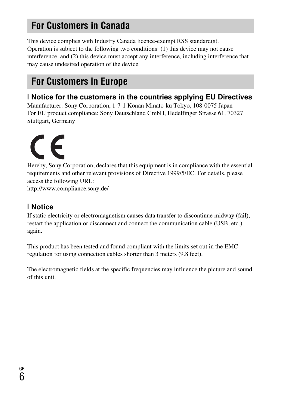 For customers in canada for customers in europe | Sony ILCE-6000L User Manual | Page 6 / 48