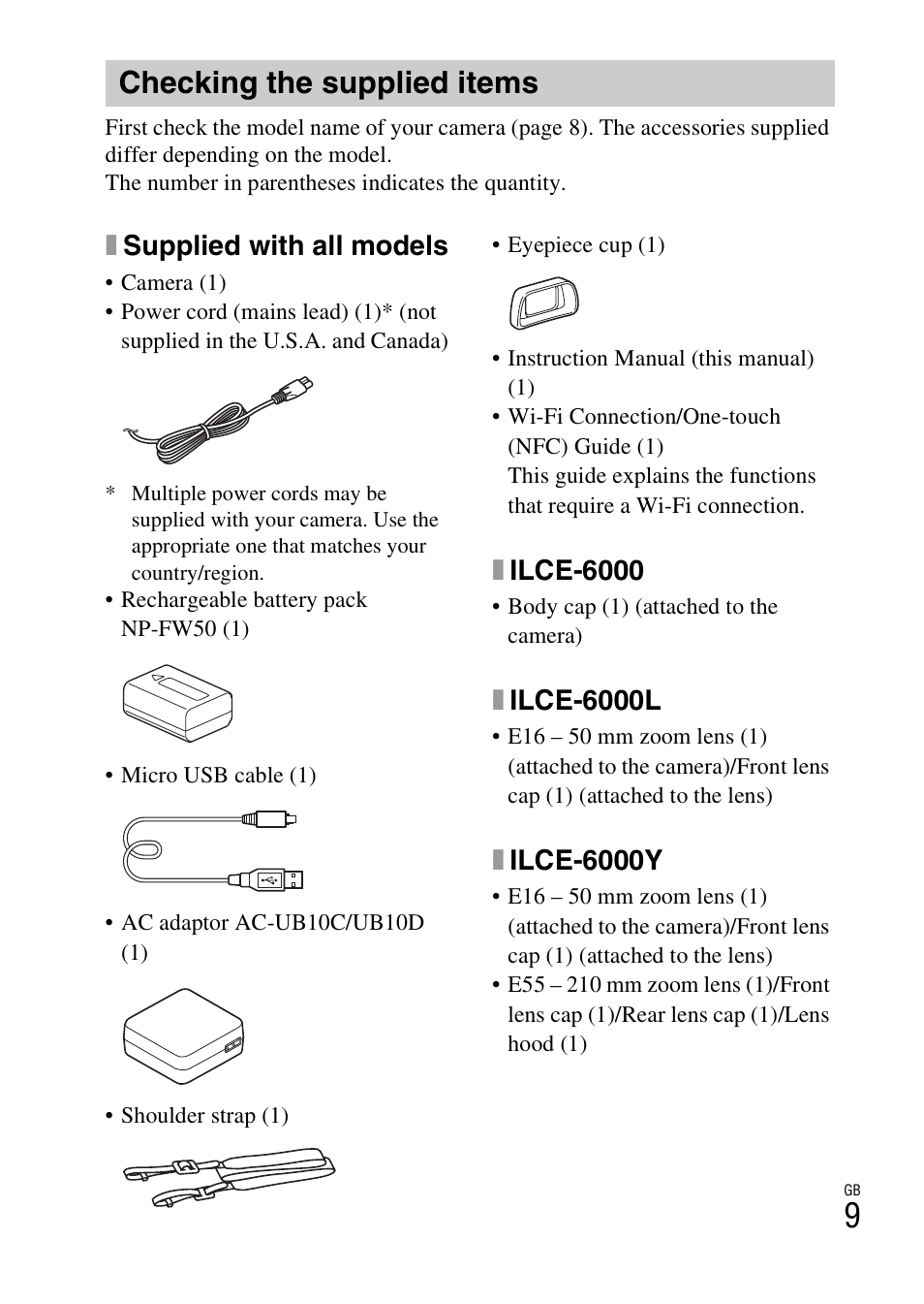 Checking the supplied items, P. 9, Xsupplied with all models | Xilce-6000, Xilce-6000l, Xilce-6000y | Sony ILCE-6000L User Manual | Page 9 / 48