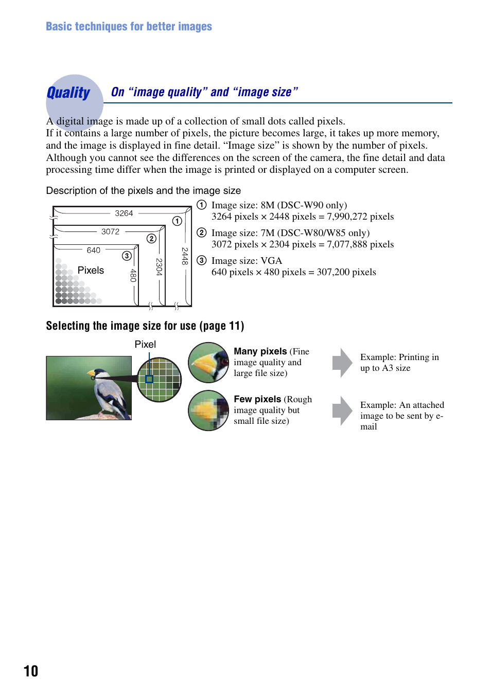 Quality, Quality – on “image quality” and “image size | Sony DSC-W90 User Manual | Page 10 / 121