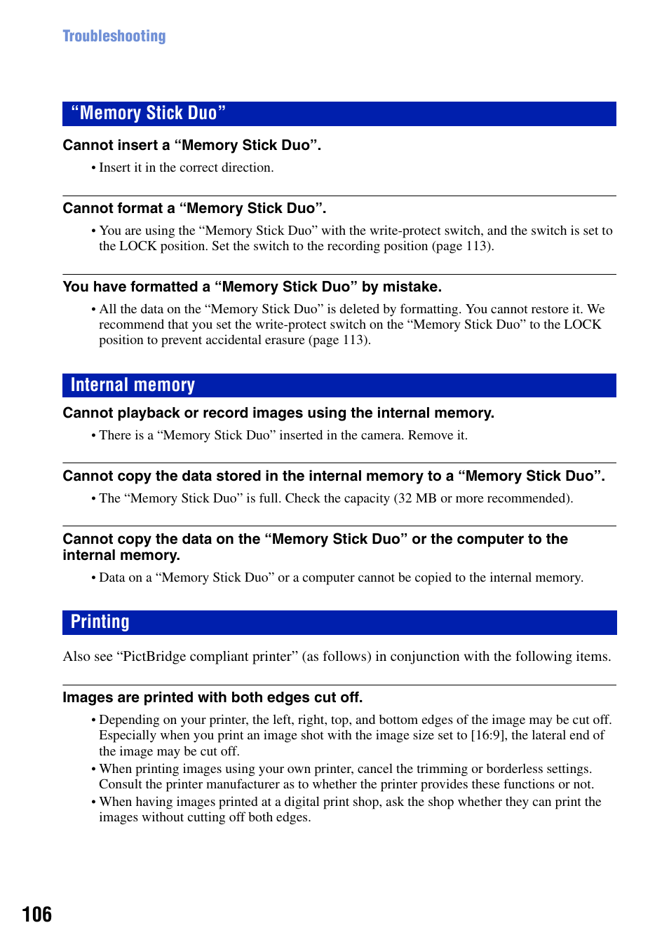 Memory stick duo, Internal memory, Printing | Sony DSC-W90 User Manual | Page 106 / 121