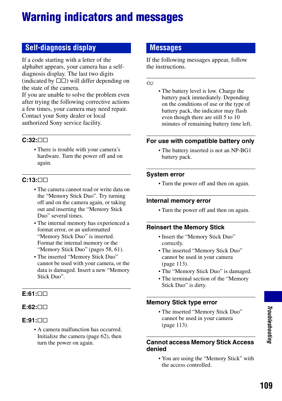 Warning indicators and messages, Ng (109), Self-diagnosis display messages | Sony DSC-W90 User Manual | Page 109 / 121