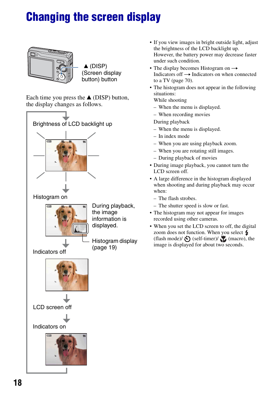 Changing the screen display | Sony DSC-W90 User Manual | Page 18 / 121