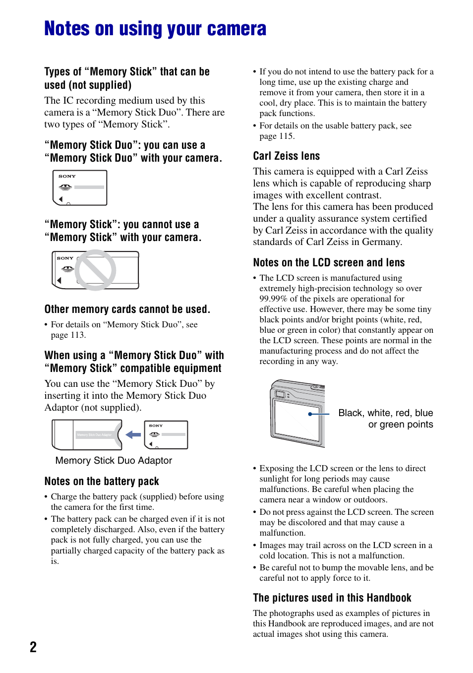 Notes on using your camera | Sony DSC-W90 User Manual | Page 2 / 121