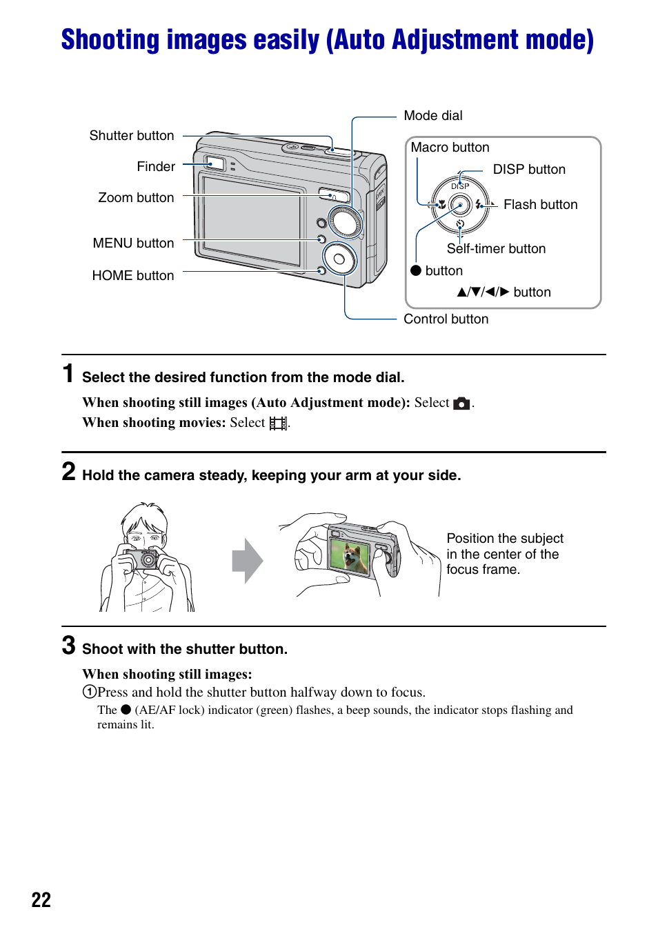 Shooting images easily (auto adjustment mode), Tton (22) | Sony DSC-W90 User Manual | Page 22 / 121