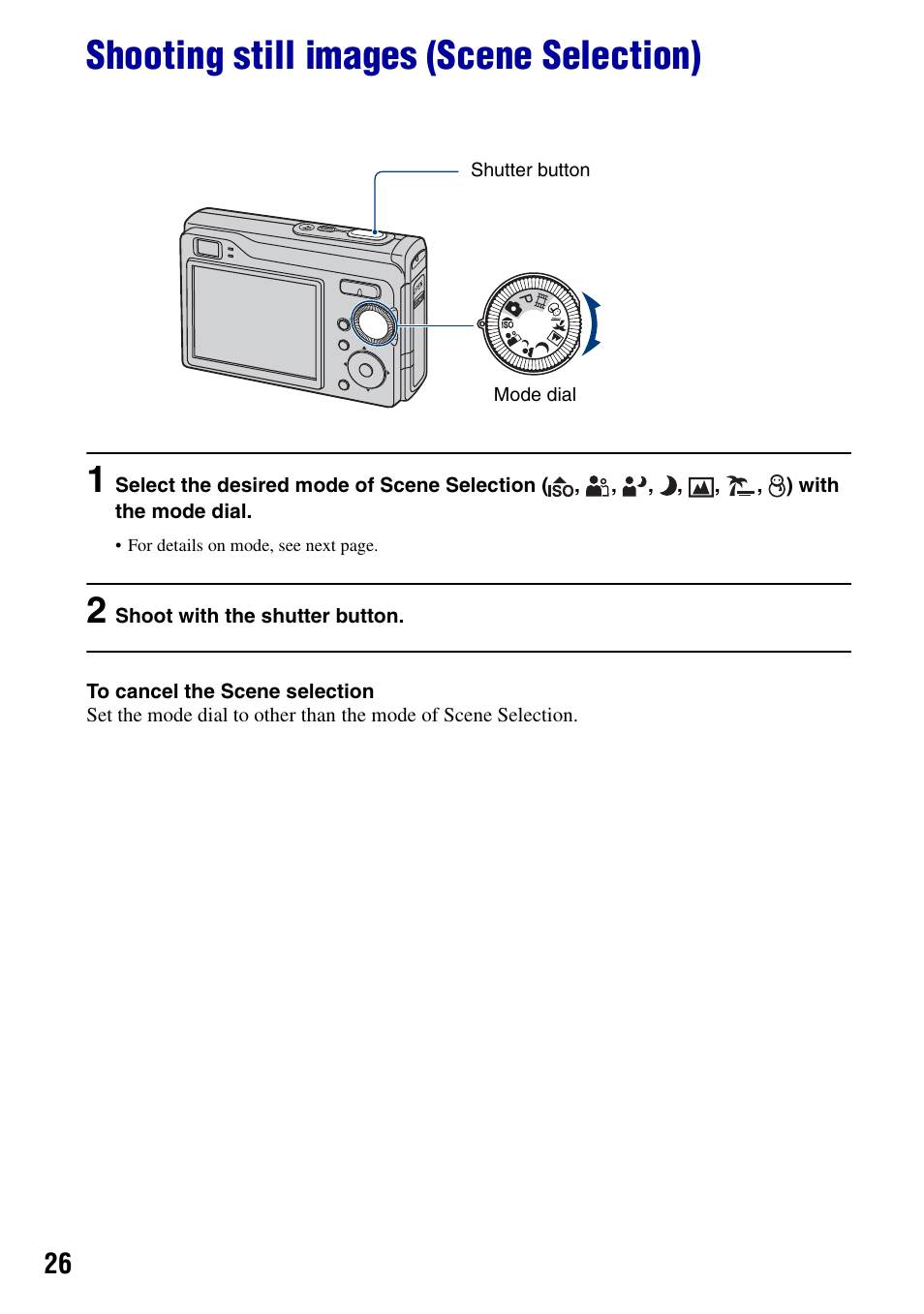 Shooting still images (scene selection) | Sony DSC-W90 User Manual | Page 26 / 121