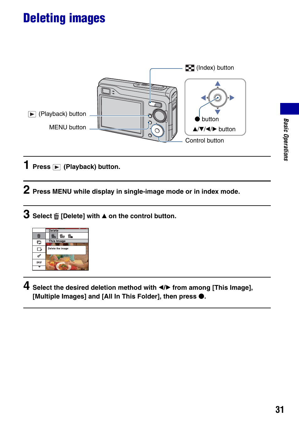 Deleting images | Sony DSC-W90 User Manual | Page 31 / 121