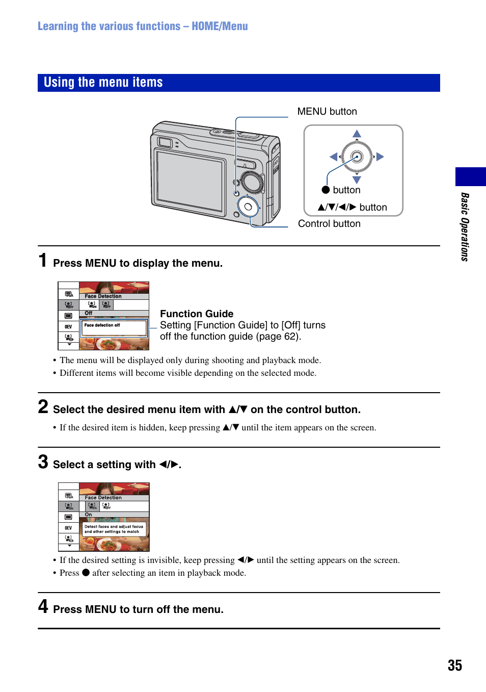 Using the menu items | Sony DSC-W90 User Manual | Page 35 / 121