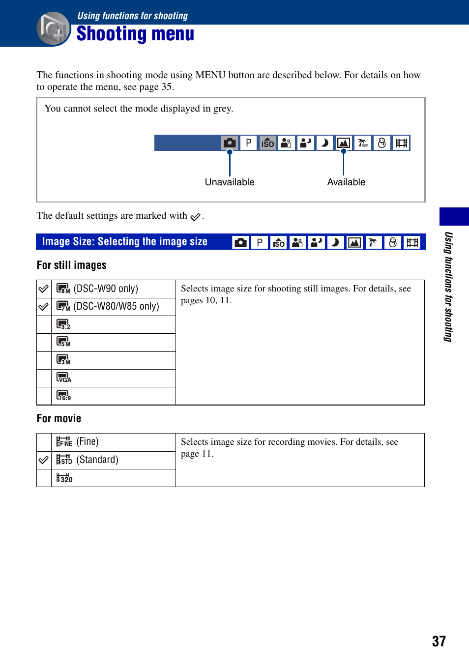 Using functions for shooting, Shooting menu, Image size: selecting the image size | Sony DSC-W90 User Manual | Page 37 / 121