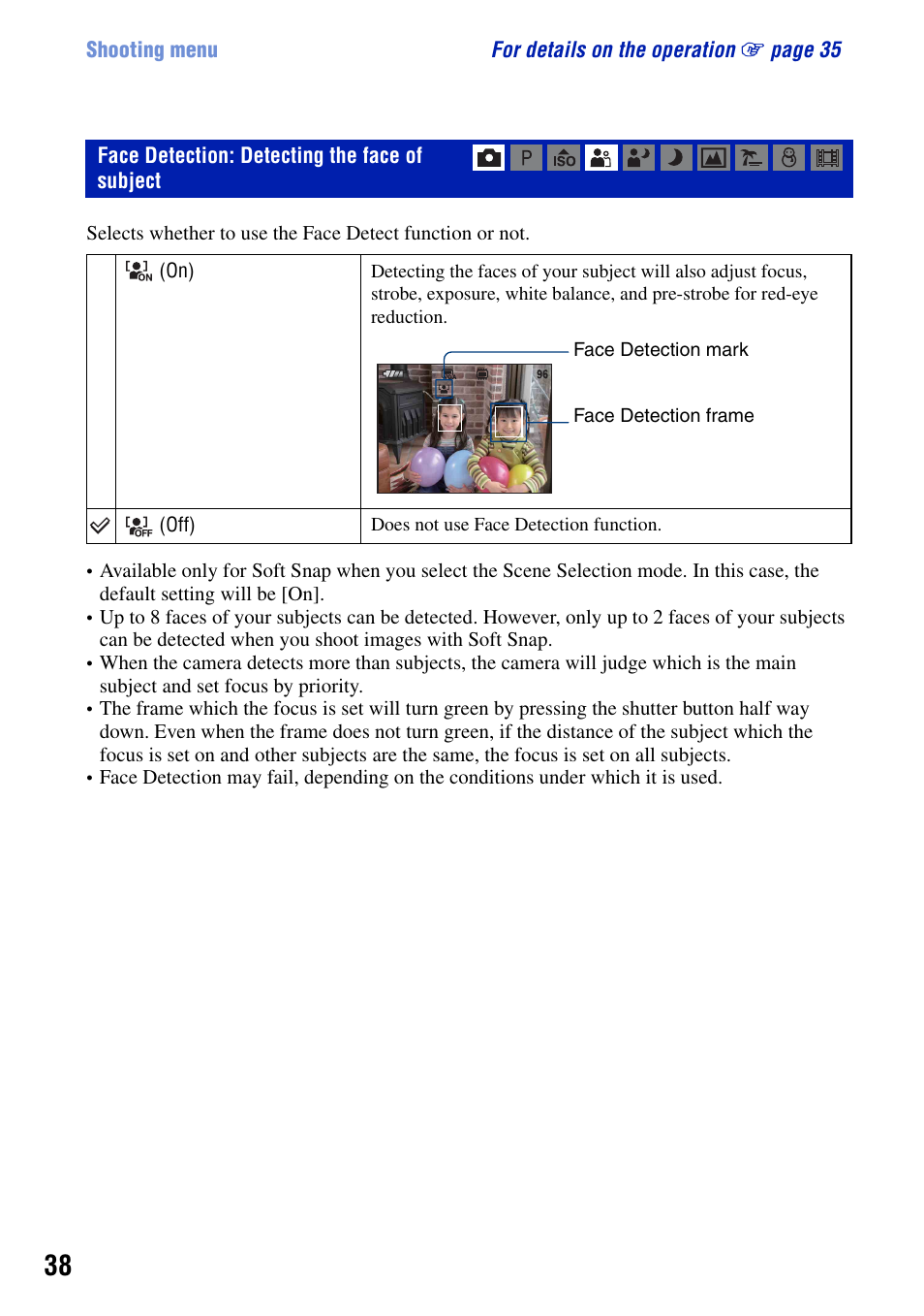 Face detection: detecting the face of subject | Sony DSC-W90 User Manual | Page 38 / 121