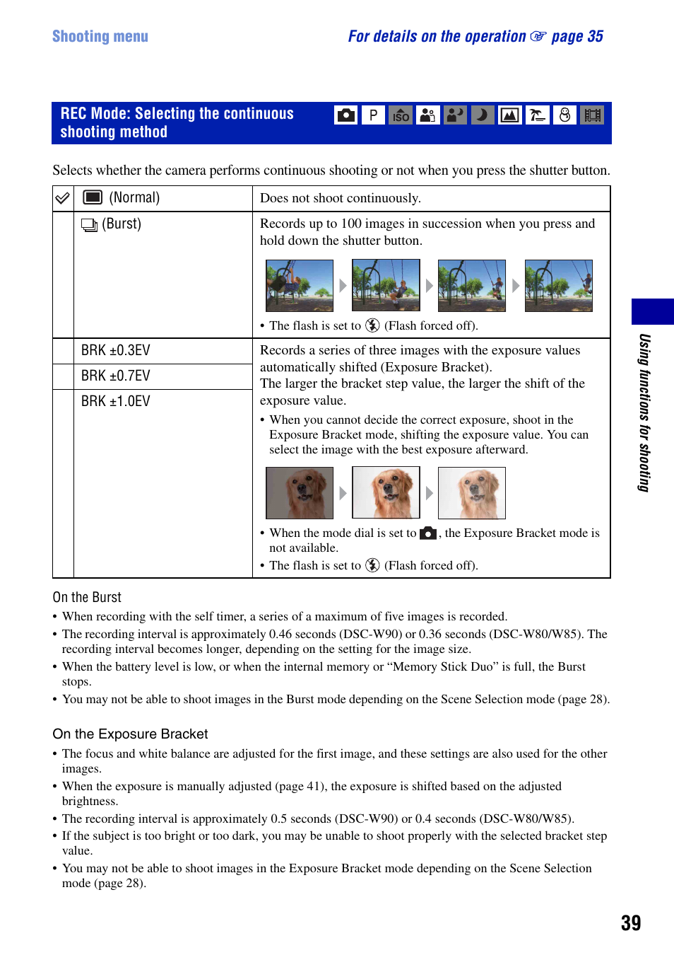 Rec mode: selecting the continuous shooting method | Sony DSC-W90 User Manual | Page 39 / 121