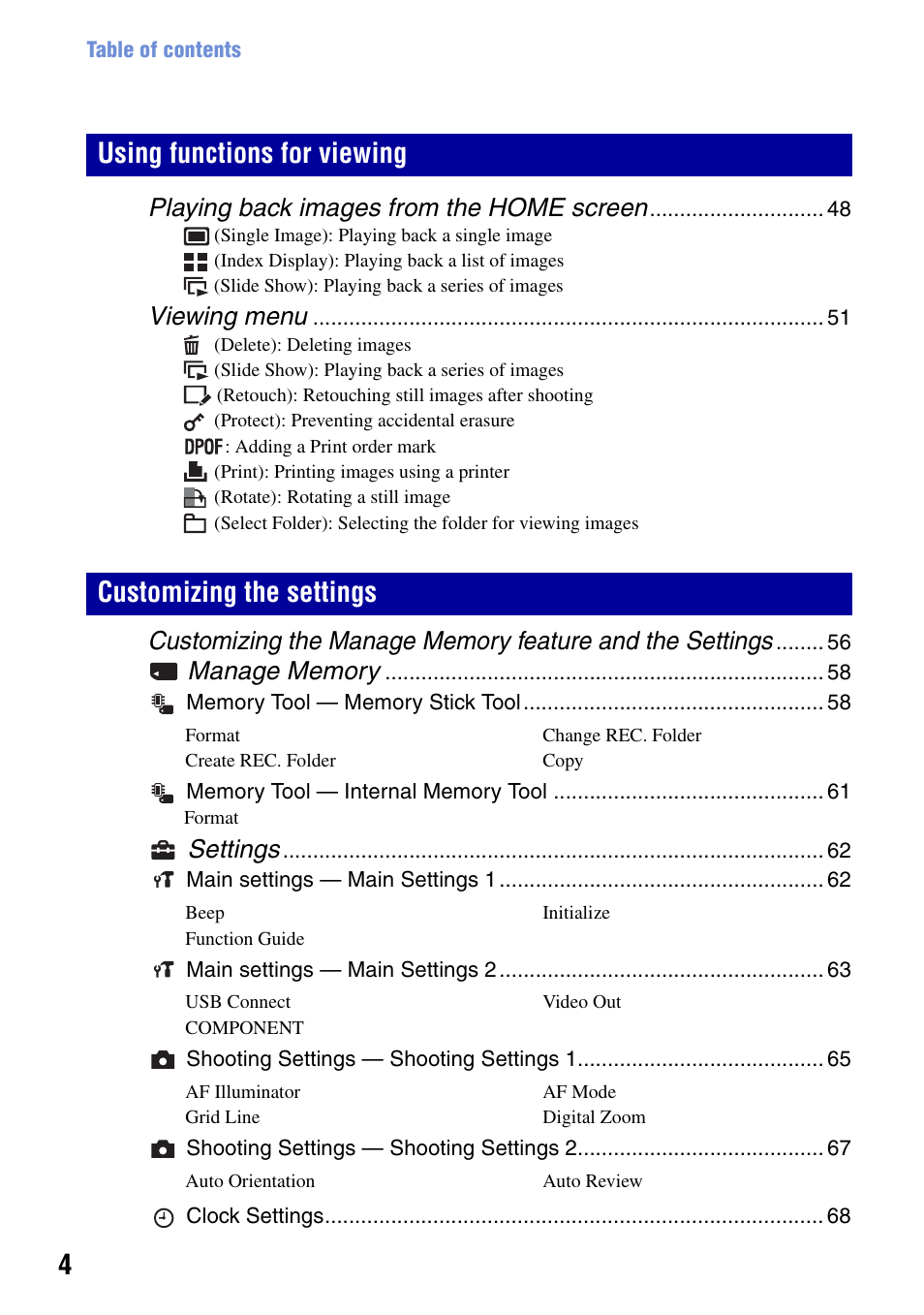 Playing back images from the home screen, Viewing menu, Settings | Sony DSC-W90 User Manual | Page 4 / 121