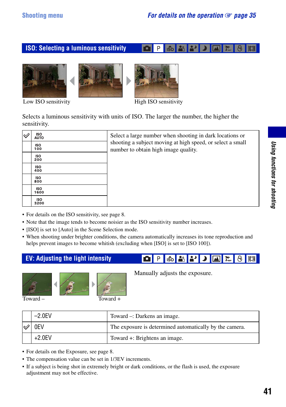 Iso: selecting a luminous sensitivity, Ev: adjusting the light intensity | Sony DSC-W90 User Manual | Page 41 / 121