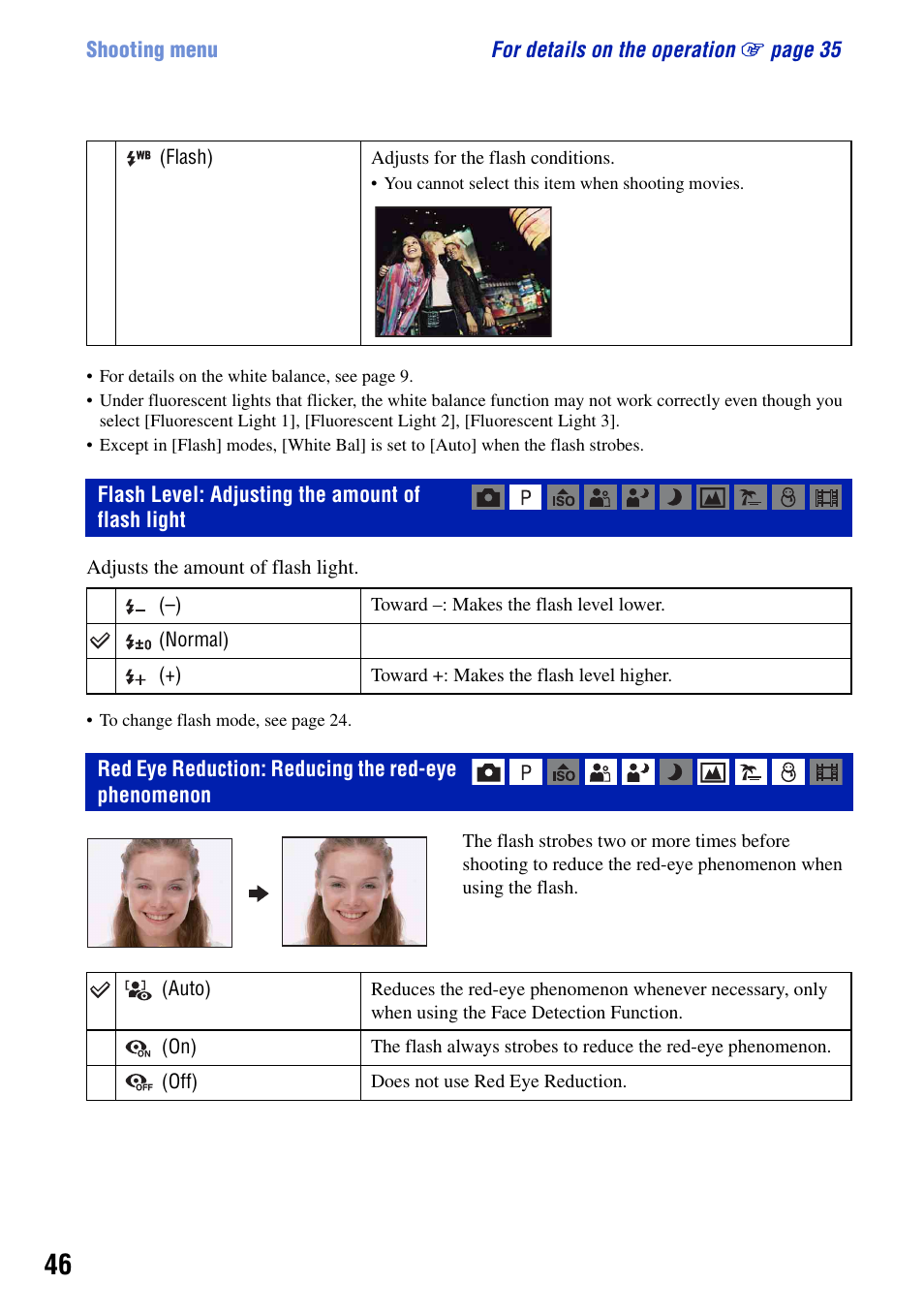 Flash level: adjusting the amount of flash light, Red eye reduction: reducing the red-eye phenomenon | Sony DSC-W90 User Manual | Page 46 / 121