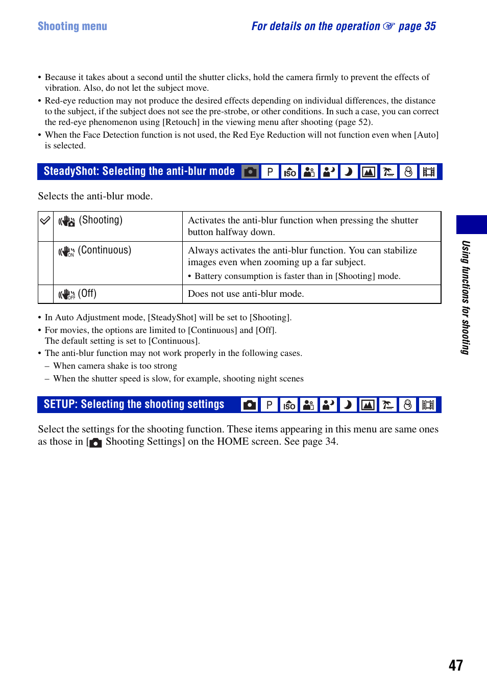 Steadyshot: selecting the anti-blur mode, Setup: selecting the shooting settings | Sony DSC-W90 User Manual | Page 47 / 121