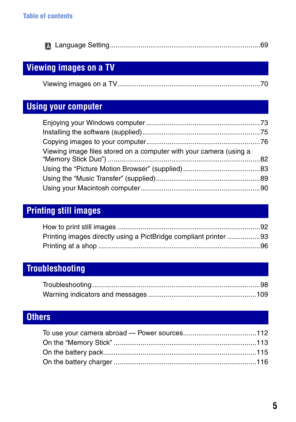 Sony DSC-W90 User Manual | Page 5 / 121