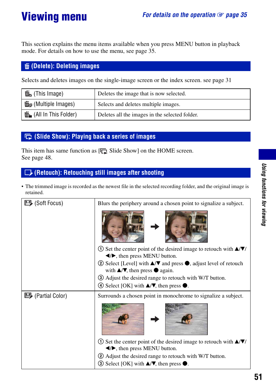 Viewing menu, Delete): deleting images, Slide show): playing back a series of images | Retouch): retouching still images after shooting | Sony DSC-W90 User Manual | Page 51 / 121