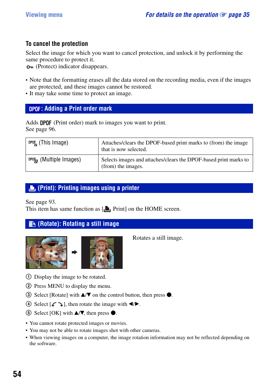 Dpof: adding a print order mark, Print): printing images using a printer, Rotate): rotating a still image | Adding a print order mark | Sony DSC-W90 User Manual | Page 54 / 121