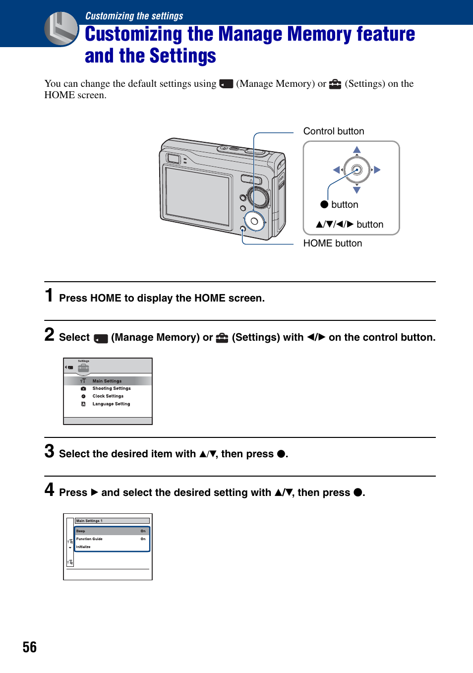 Customizing the settings | Sony DSC-W90 User Manual | Page 56 / 121