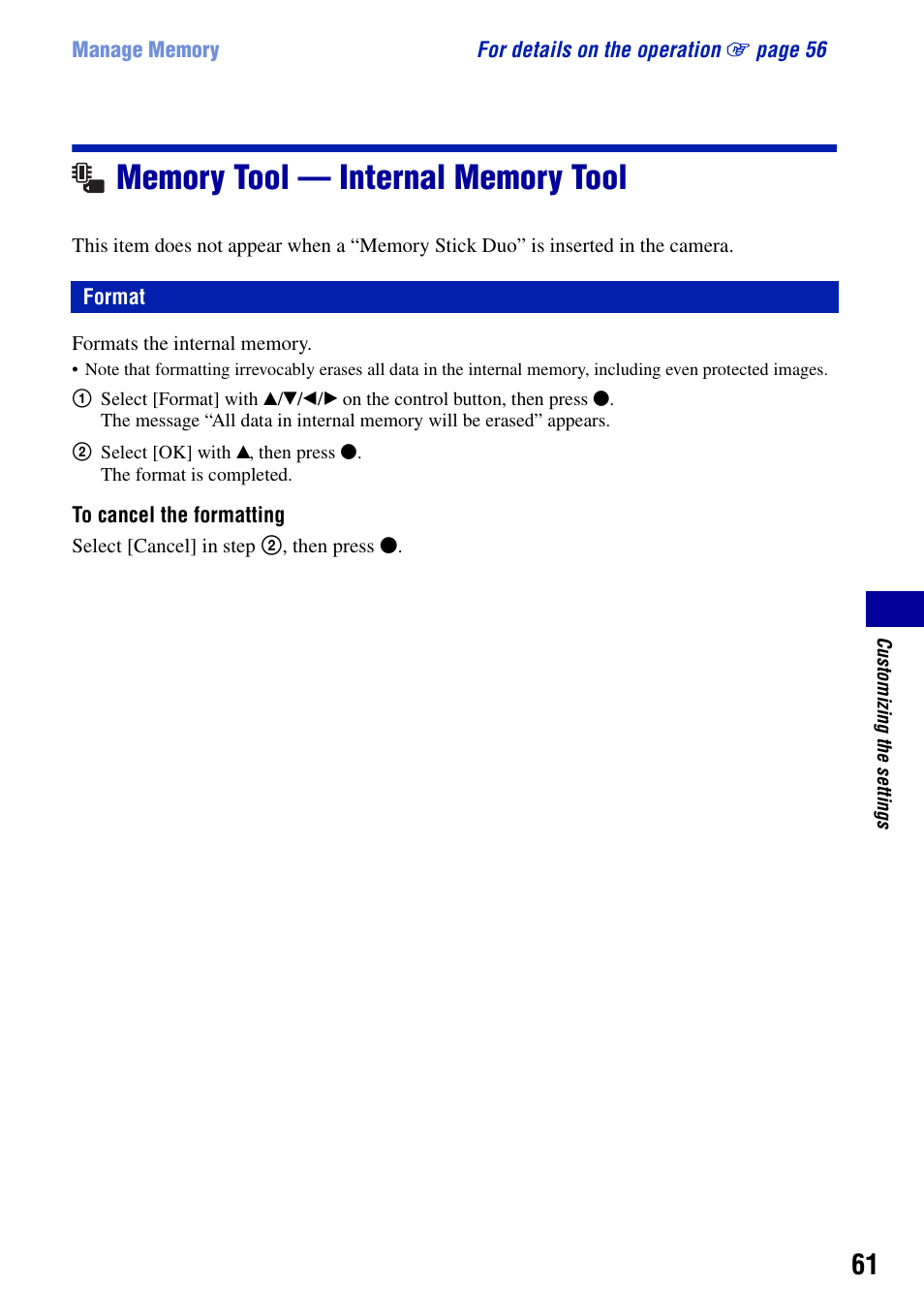 Memory tool - internal memory tool, Format, Memory tool — internal memory tool | Sony DSC-W90 User Manual | Page 61 / 121