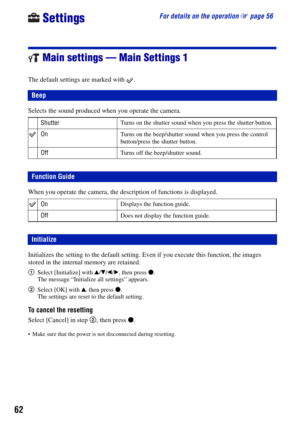 Settings, Main settings - main settings 1, Beep | Function guide, Initialize, Main settings — main settings 1, Beep function guide | Sony DSC-W90 User Manual | Page 62 / 121