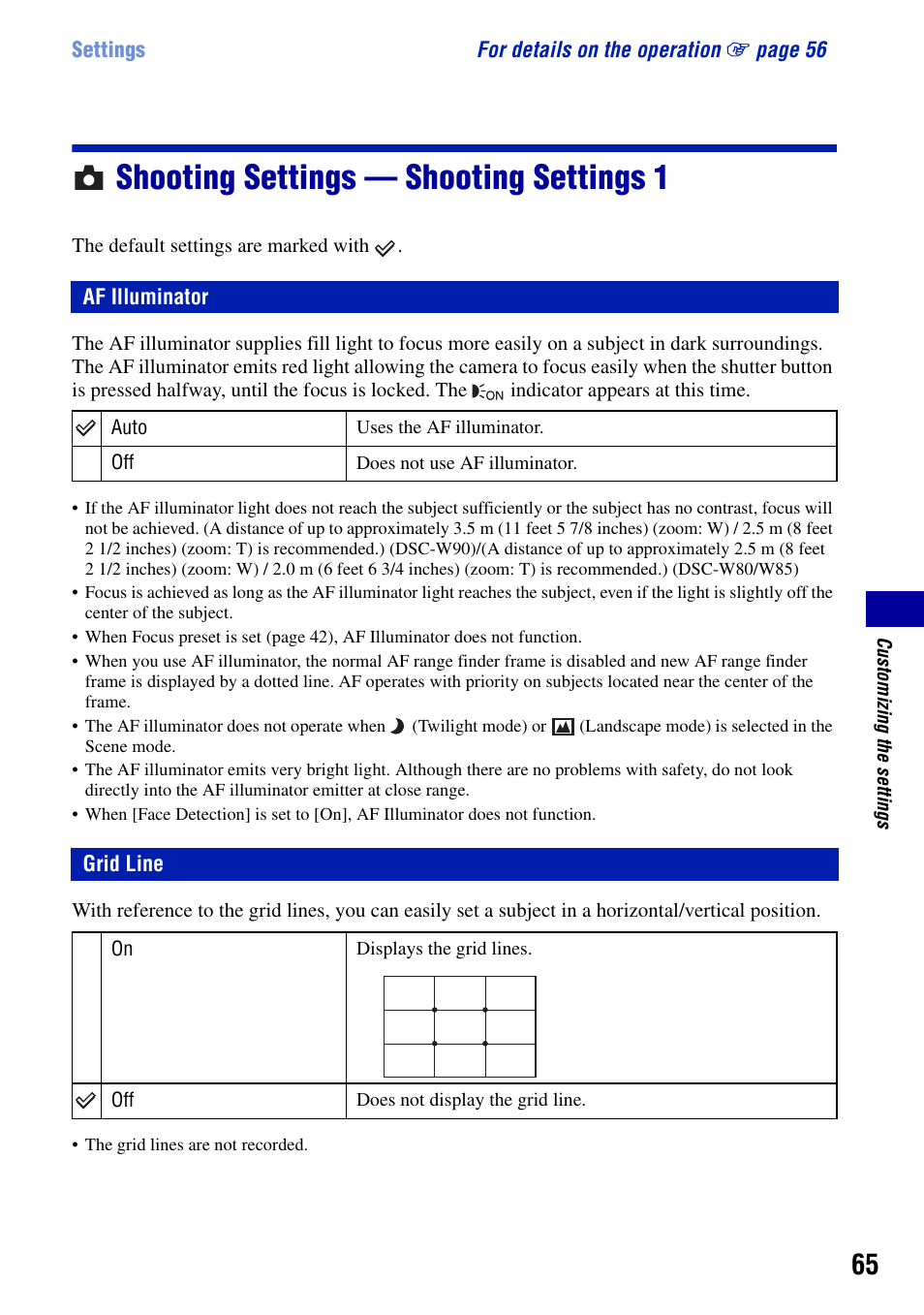 Shooting settings - shooting settings 1, Af illuminator, Grid line | Shooting settings — shooting settings 1, Af illuminator grid line, 65)/self | Sony DSC-W90 User Manual | Page 65 / 121