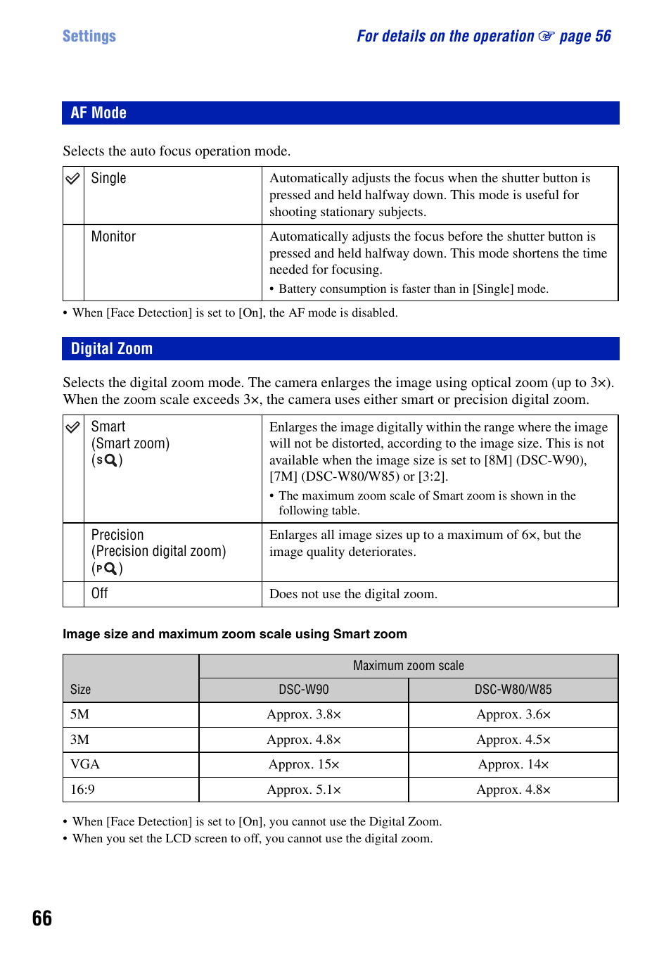 Af mode, Digital zoom, Af mode digital zoom | Sony DSC-W90 User Manual | Page 66 / 121