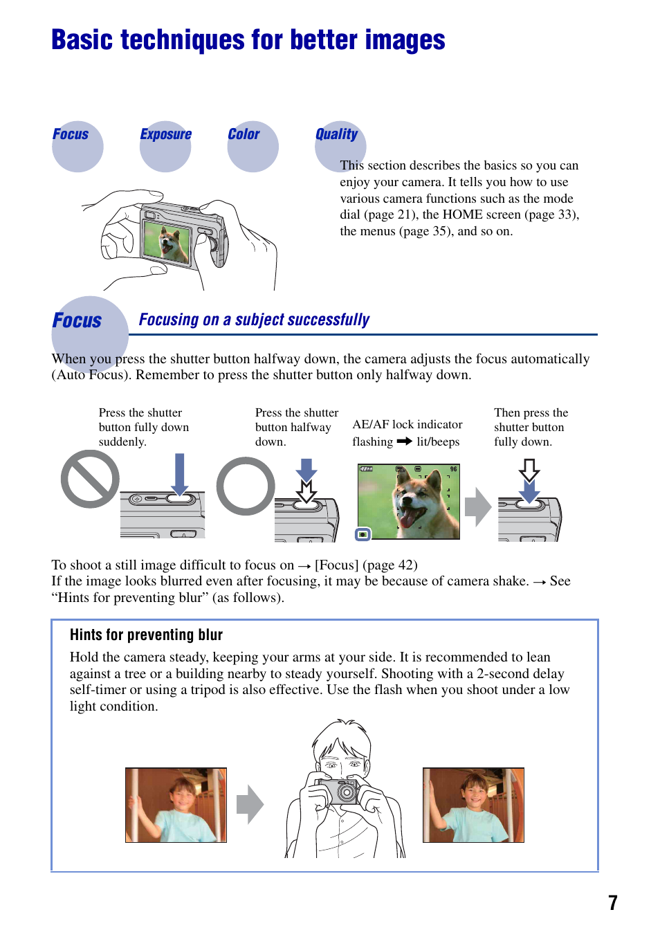 Basic techniques for better images, Focus, Focus – focusing on a subject successfully | Sony DSC-W90 User Manual | Page 7 / 121