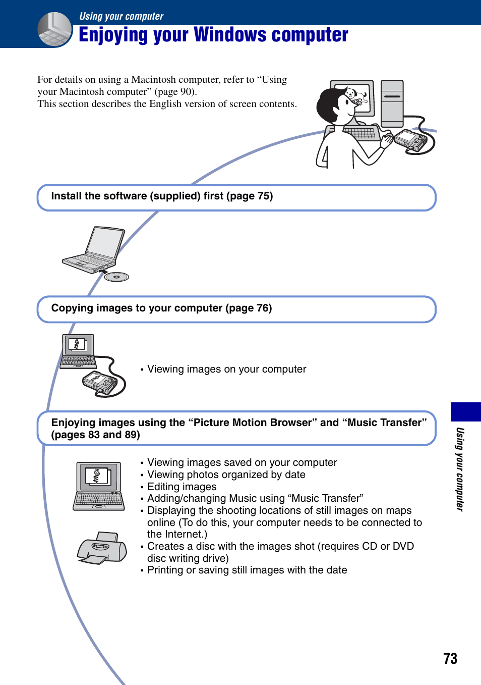 Using your computer, Enjoying your windows computer | Sony DSC-W90 User Manual | Page 73 / 121