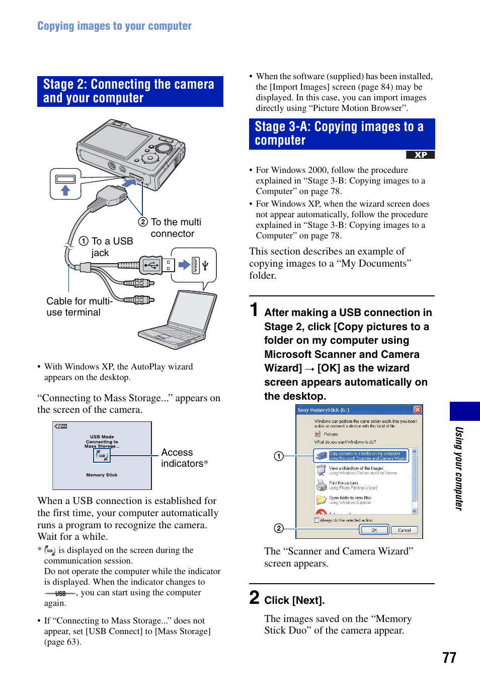 Stage 2: connecting the camera and your computer, Stage 3-a: copying images to a computer | Sony DSC-W90 User Manual | Page 77 / 121
