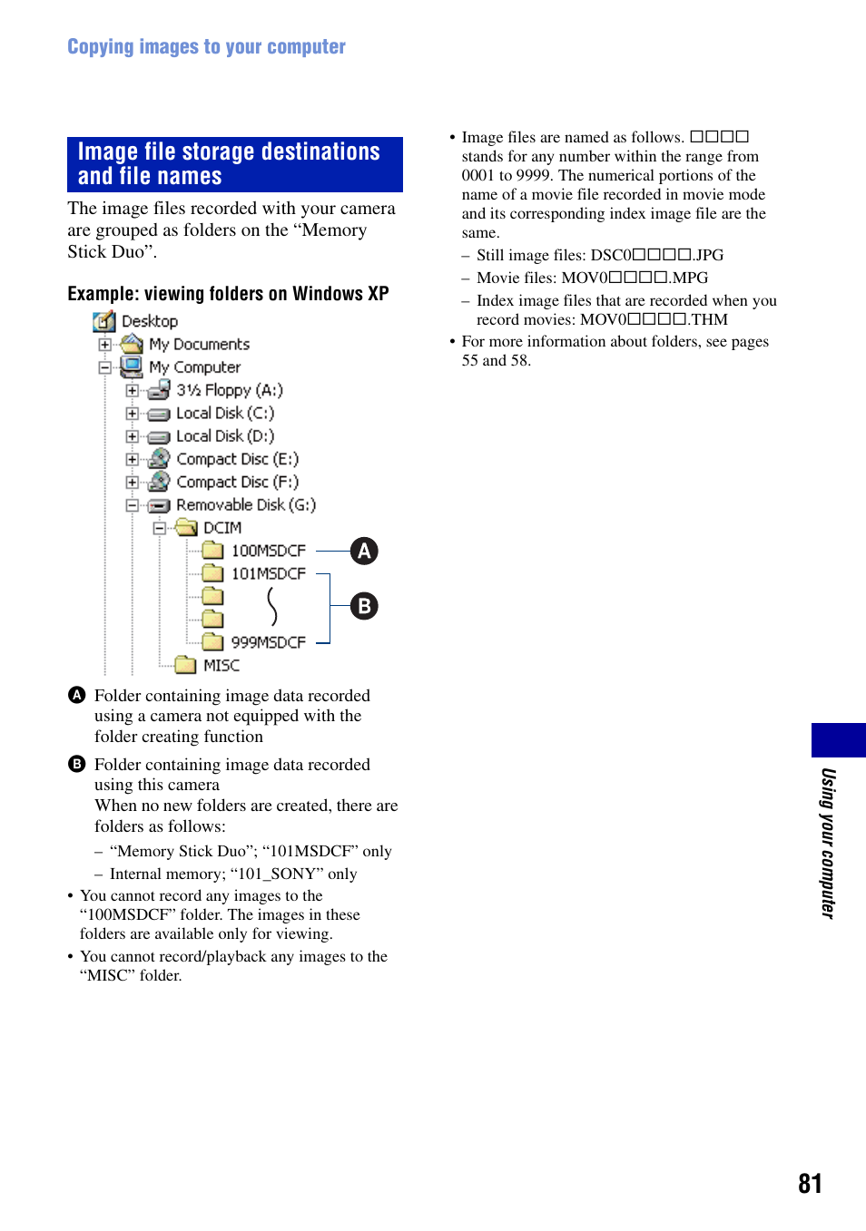 Image file storage destinations and file names | Sony DSC-W90 User Manual | Page 81 / 121