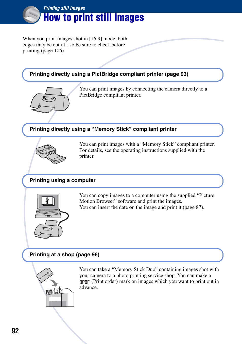 Printing still images, How to print still images | Sony DSC-W90 User Manual | Page 92 / 121