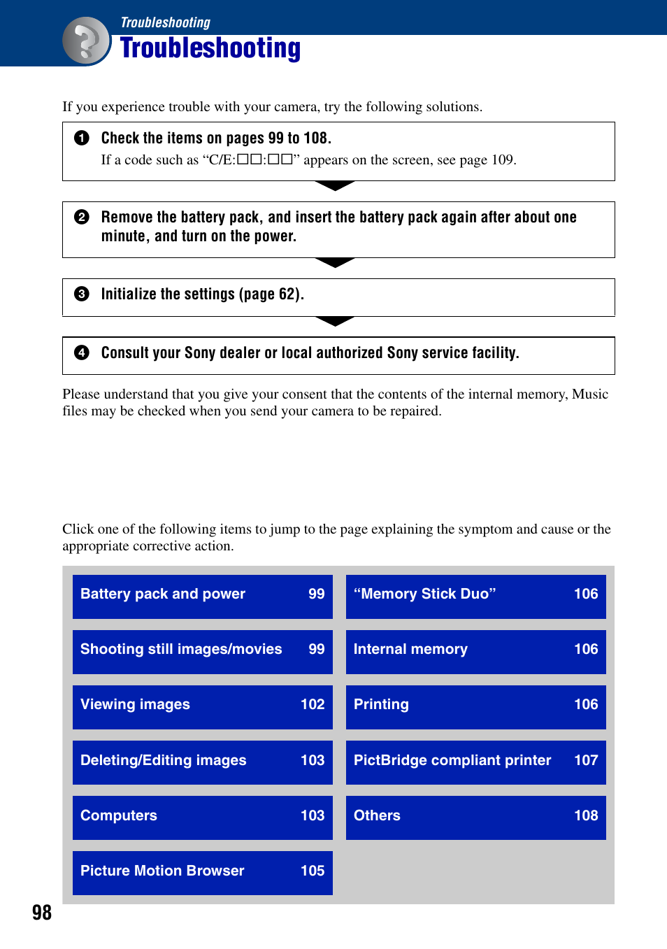 Troubleshooting | Sony DSC-W90 User Manual | Page 98 / 121