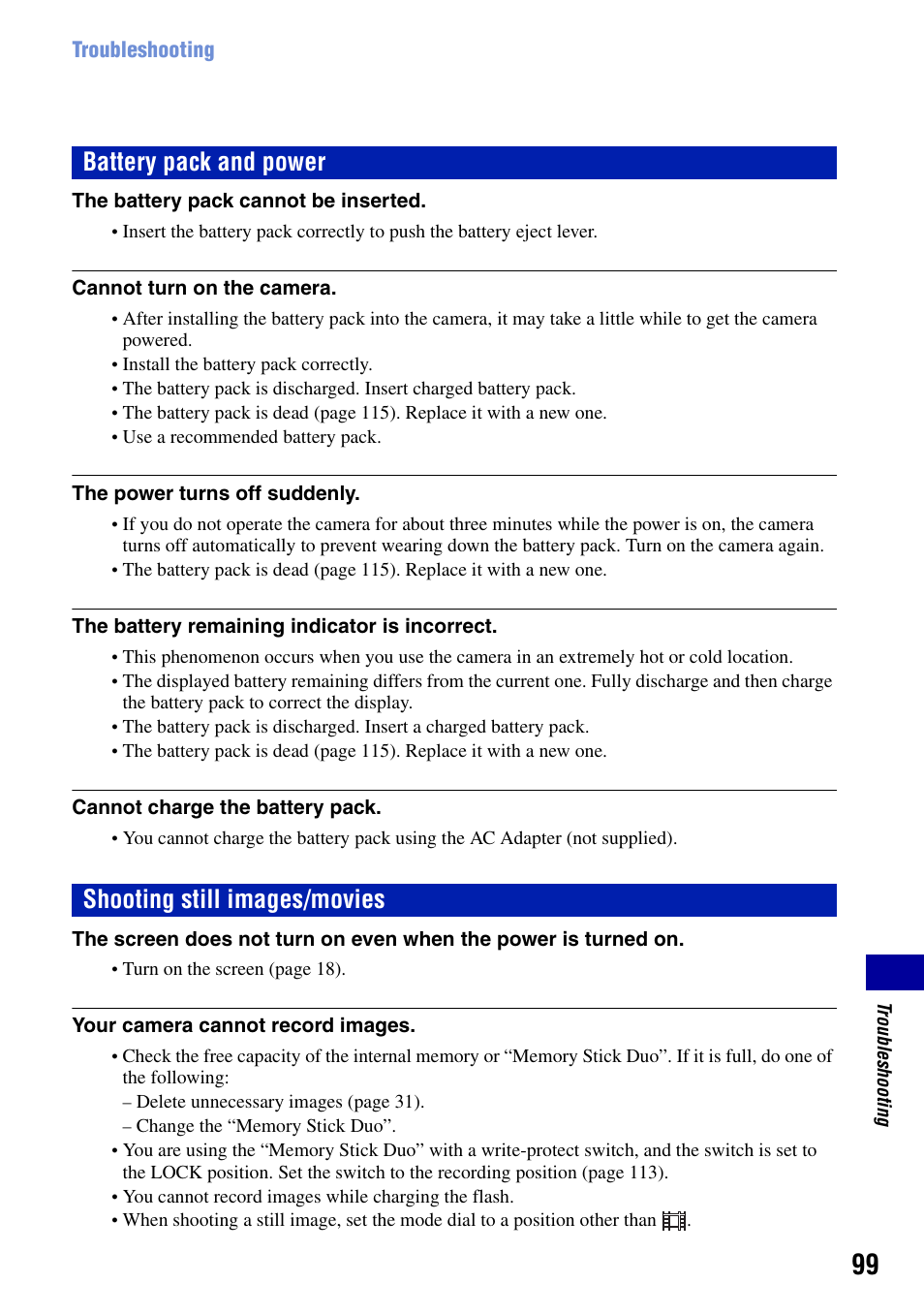 Ages 99 to 108, Battery pack and power, Shooting still images/movies | Sony DSC-W90 User Manual | Page 99 / 121