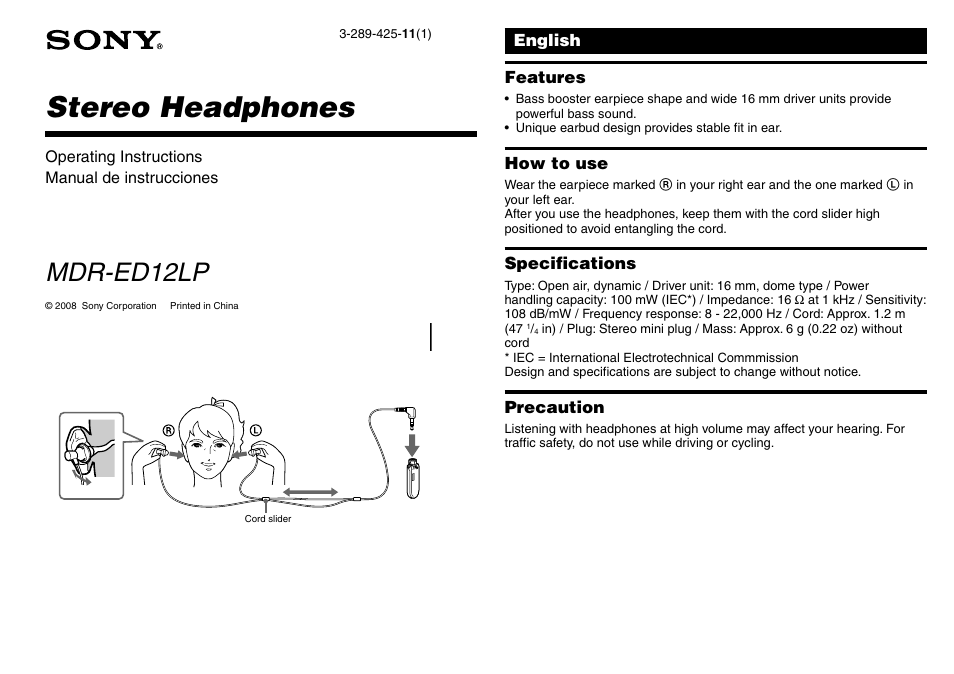 Sony MDR-ED12LP User Manual | 2 pages