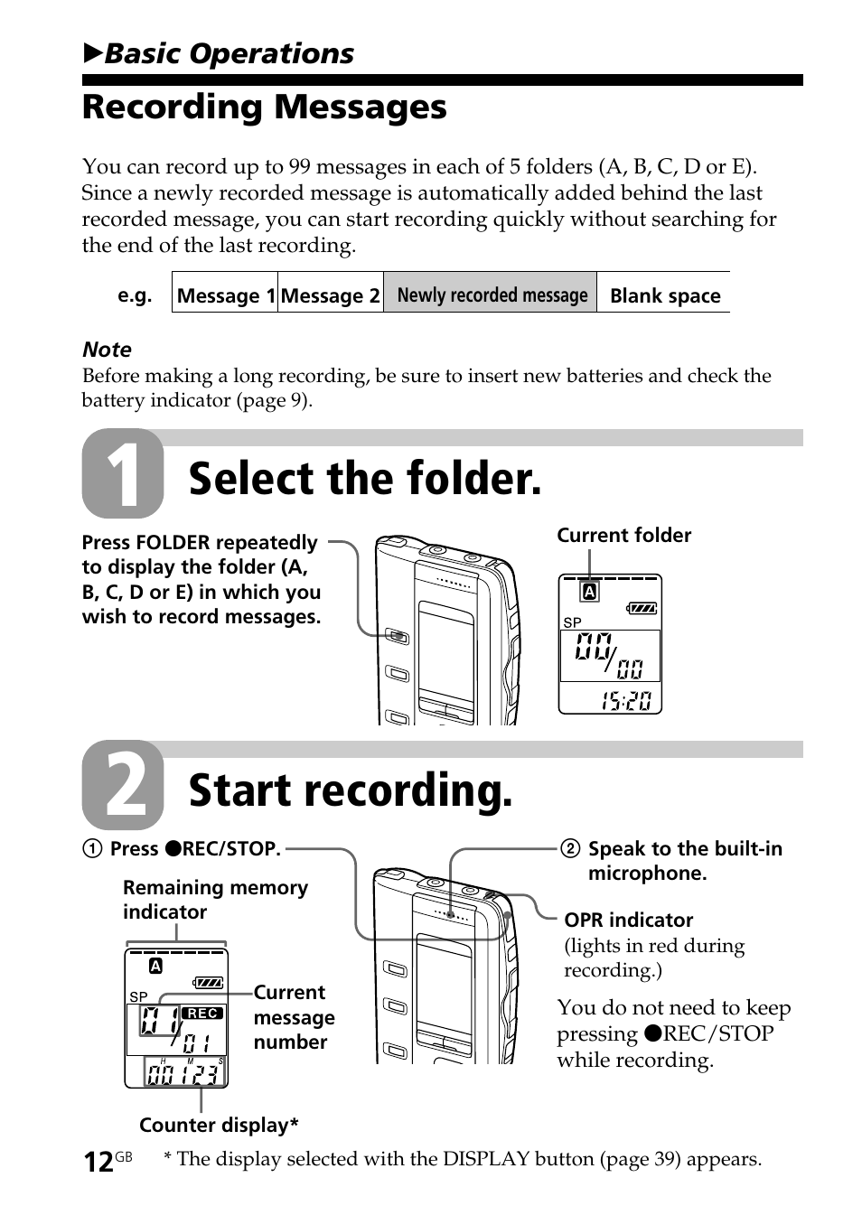 Recording messages, Select the folder, Start recording | Sony ICD-BP150 User Manual | Page 12 / 68