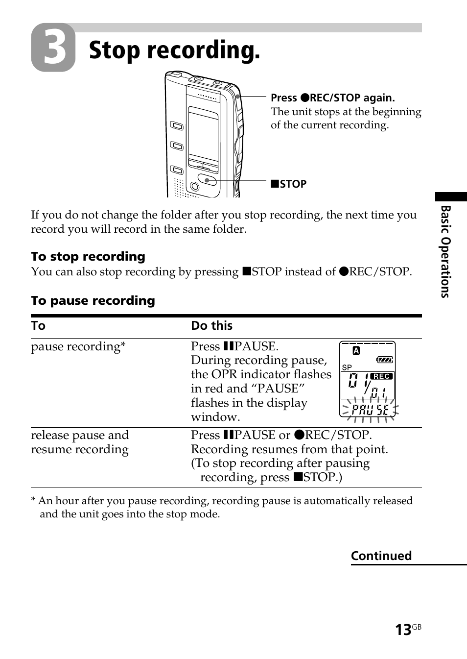 Stop recording | Sony ICD-BP150 User Manual | Page 13 / 68