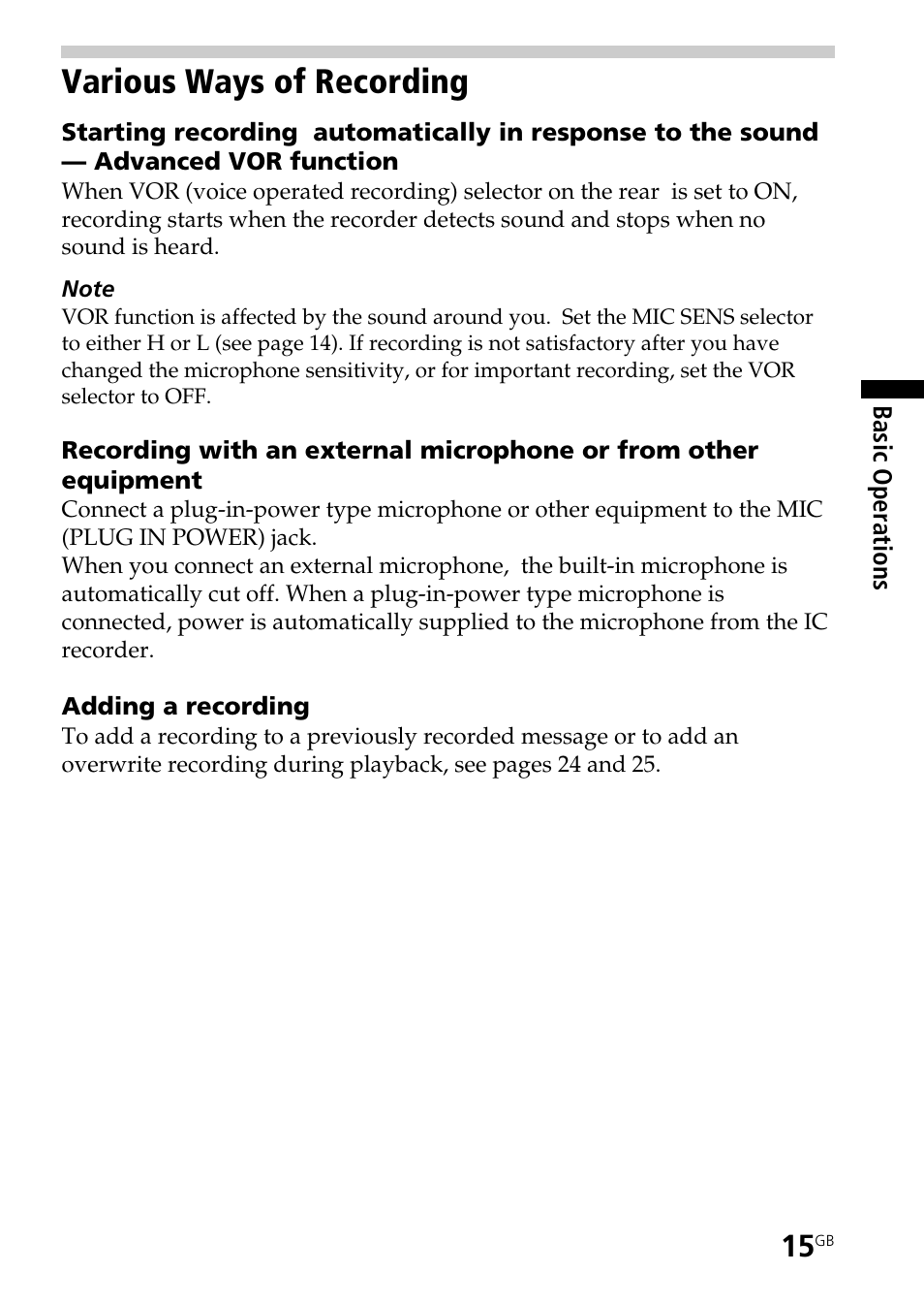 Various ways of recording | Sony ICD-BP150 User Manual | Page 15 / 68