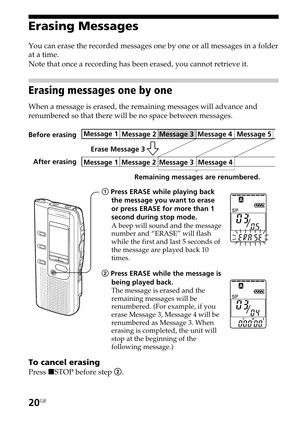 Erasing messages, Erasing messages one by one | Sony ICD-BP150 User Manual | Page 20 / 68