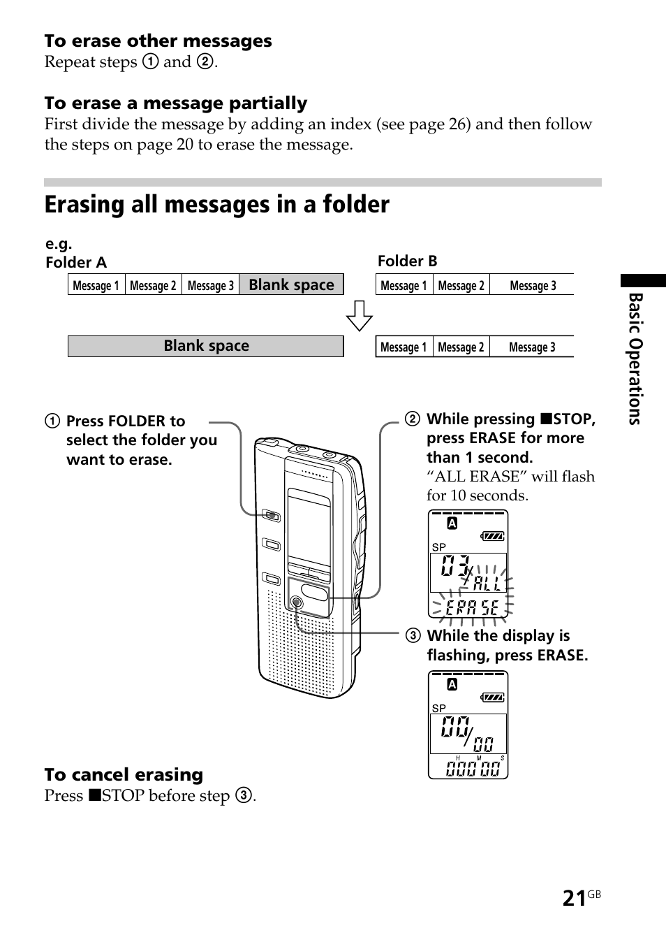 Erasing all messages in a folder | Sony ICD-BP150 User Manual | Page 21 / 68