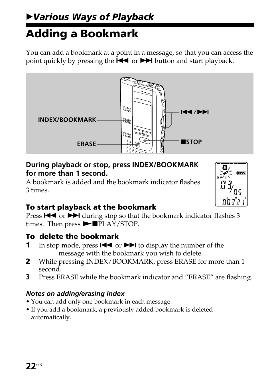 Adding a bookmark, Bvarious ways of playback | Sony ICD-BP150 User Manual | Page 22 / 68