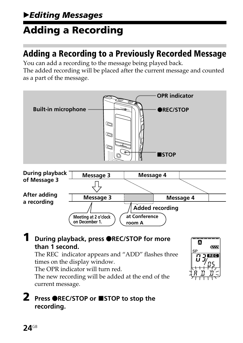 Editing messages, Adding a recording, Bediting messages | Sony ICD-BP150 User Manual | Page 24 / 68