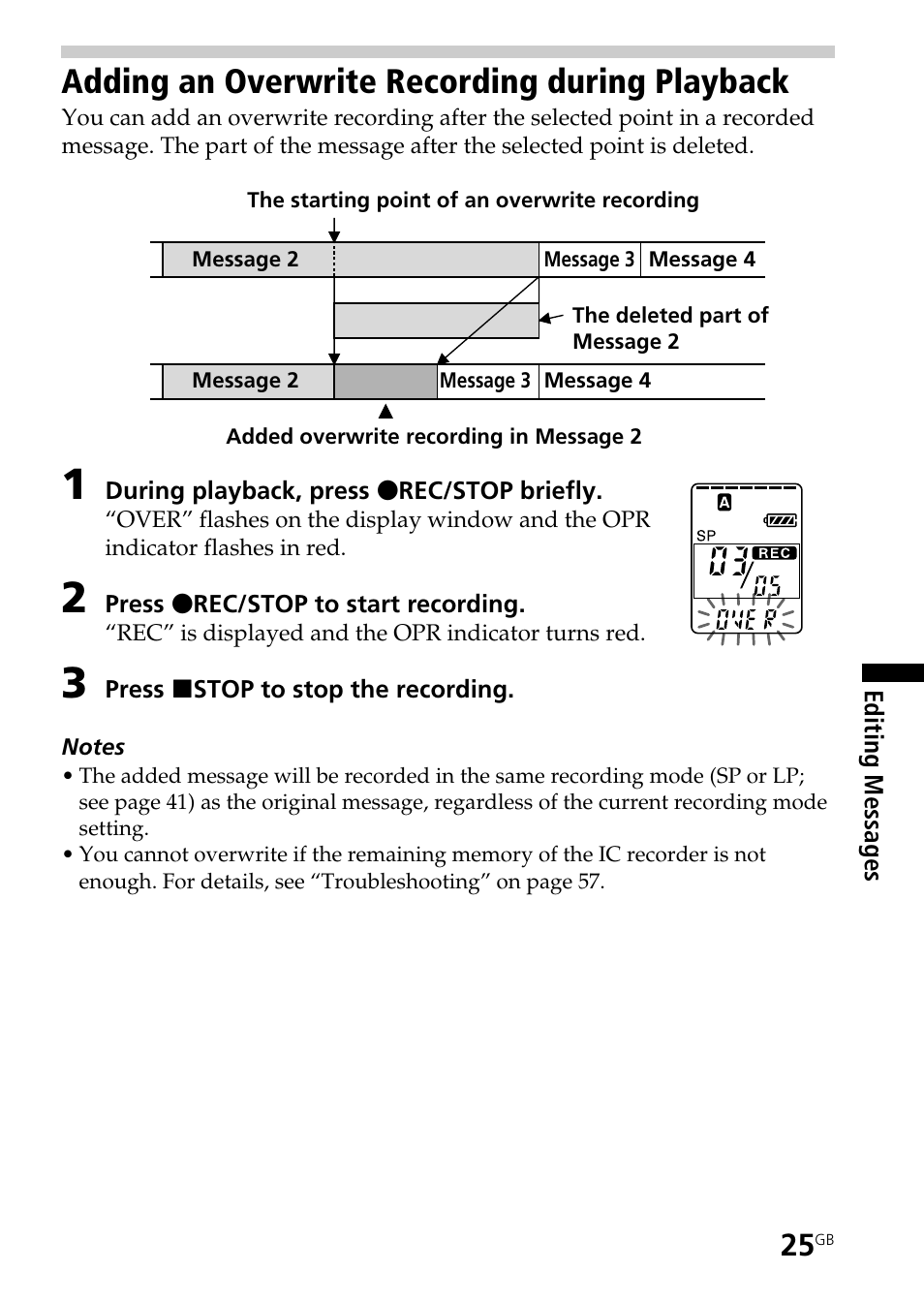 Adding an overwrite recording during playback | Sony ICD-BP150 User Manual | Page 25 / 68