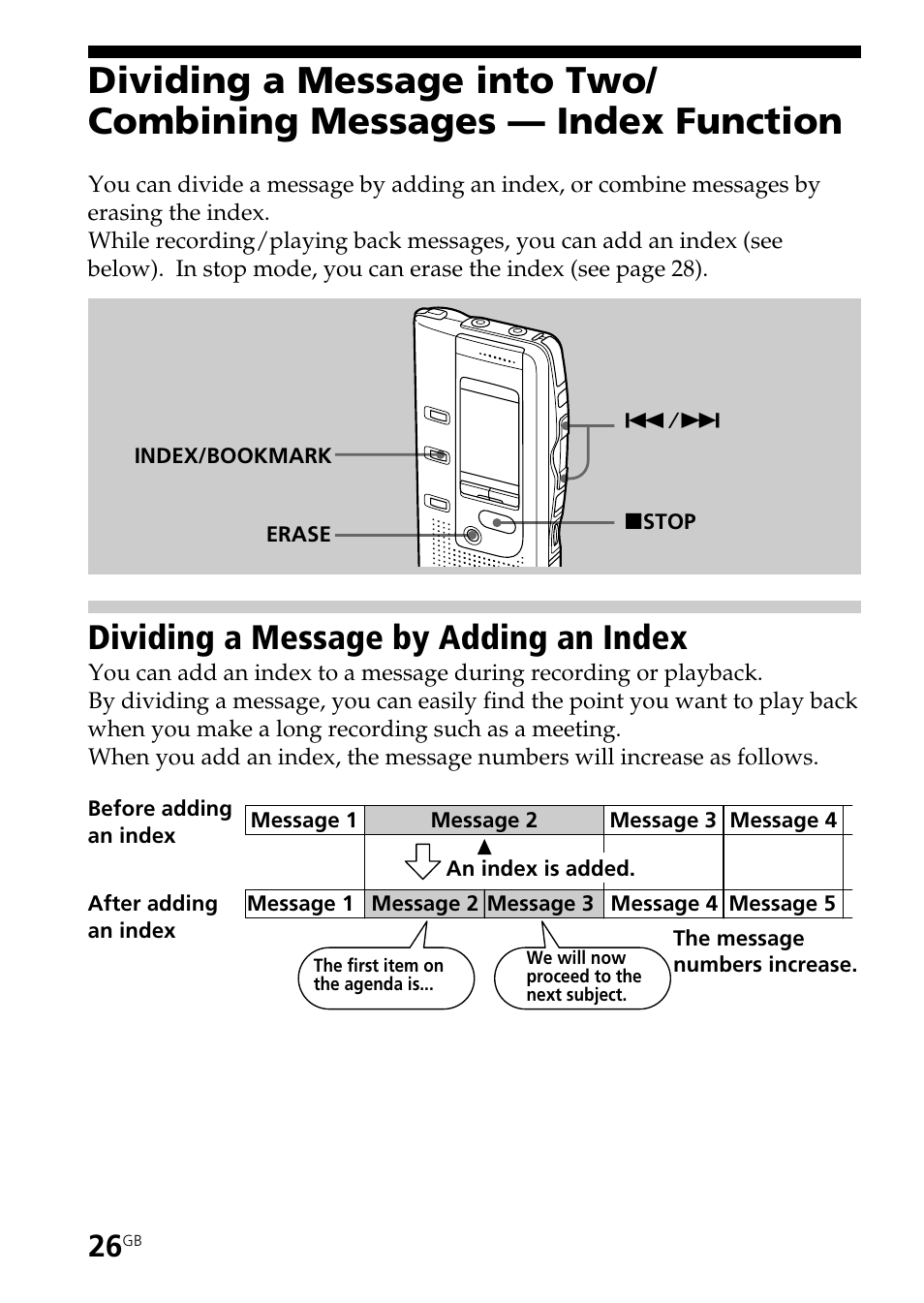Dividing a message by adding an index | Sony ICD-BP150 User Manual | Page 26 / 68