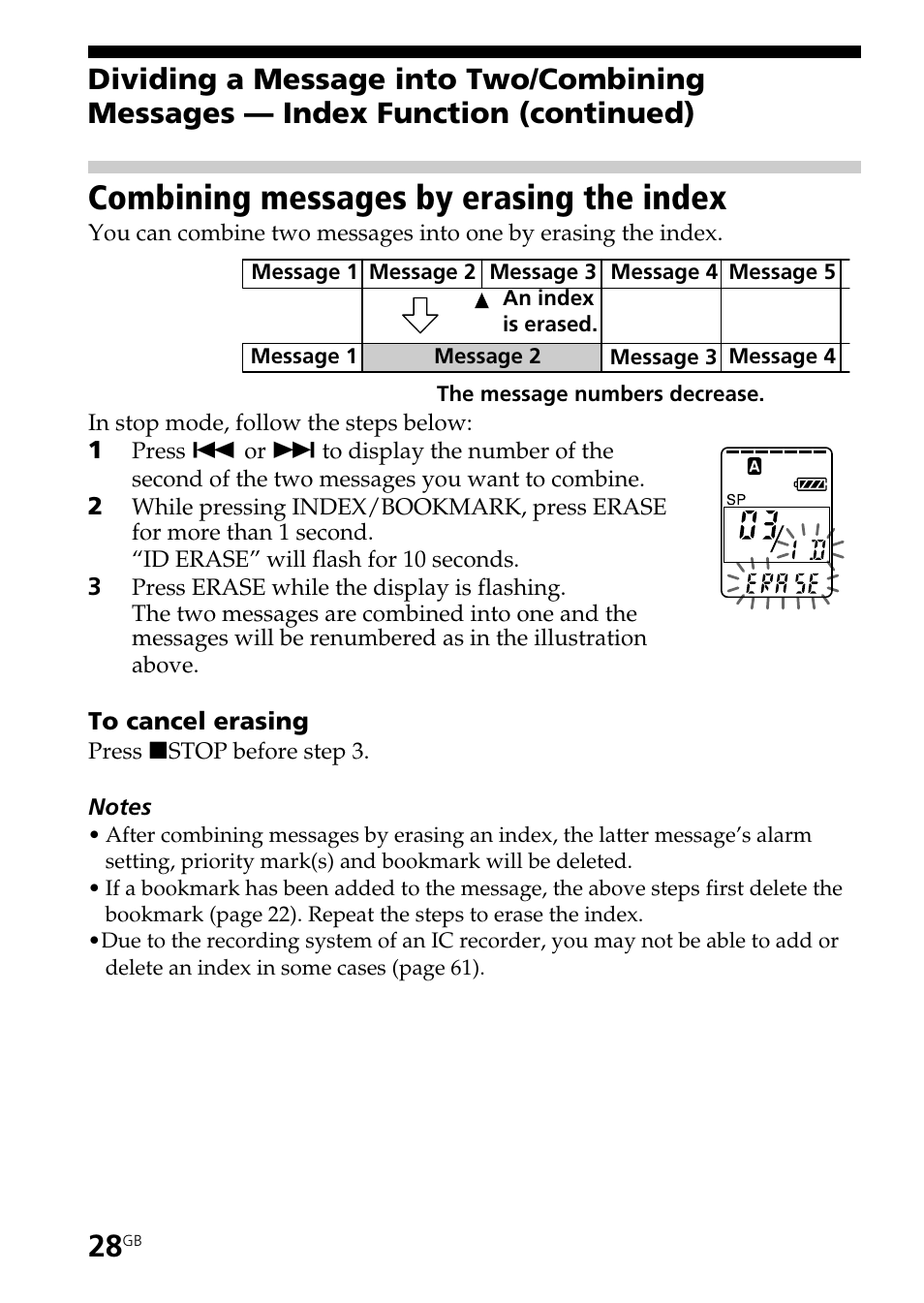 Combining messages by erasing the index | Sony ICD-BP150 User Manual | Page 28 / 68