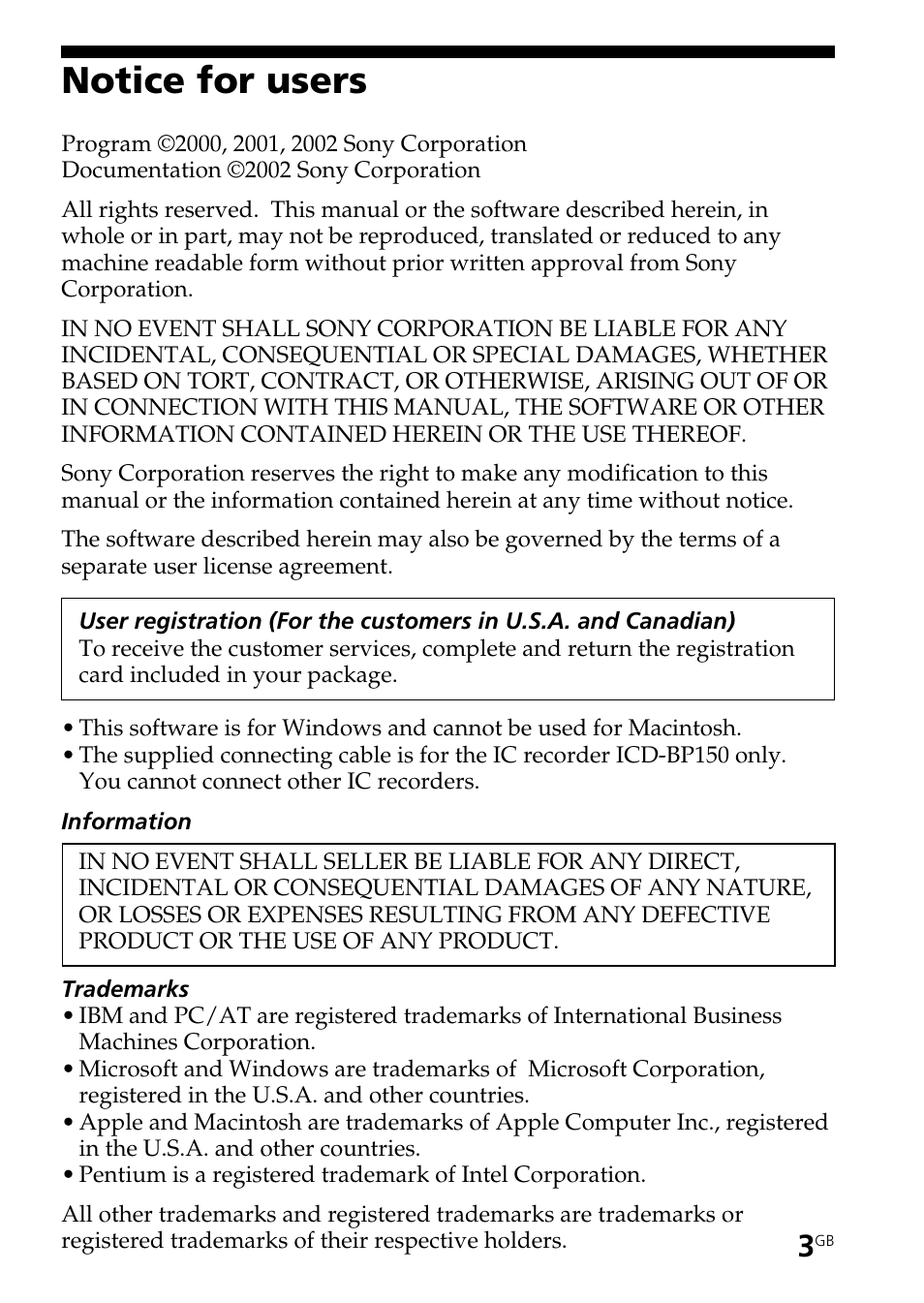 Notice for users | Sony ICD-BP150 User Manual | Page 3 / 68